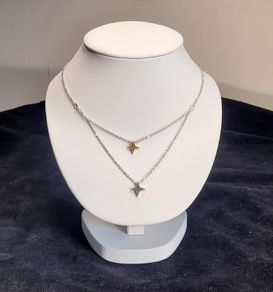 Tipperary Crystal Double Layer Star Necklace Silver Rose Gold Two Tone Signed