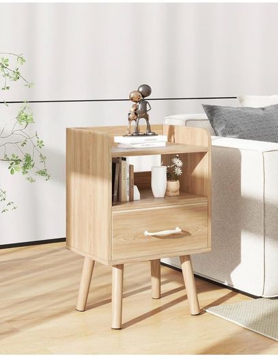 Bedside Table Set of 2, Nightstand, Side Table, Wooden Sofa End Table with Fabric Drawer, Open Shelf, Solid Wood Legs, 39x29x63 cm, for Bedroom, Living Room, Natural
