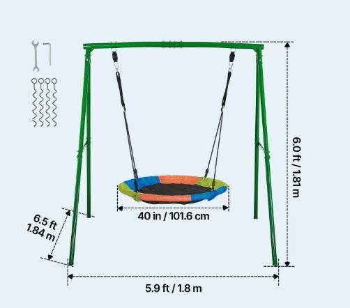 Swing Set for Backyard 100 cm Saucer Swing Seat with Heavy Duty A-Frame Metal Stand, 199.6 kg Load Capacity, Reinforced with Spiral Ground Anchors