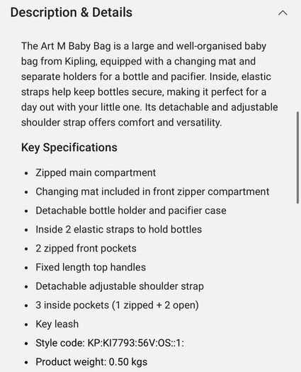 Kipling Art M Baby Bag with changing mat, bottle holder, pacifier case