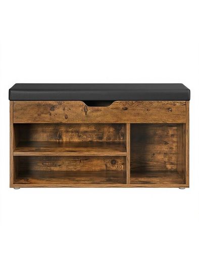 Shoe Storage Bench with Padded Seat and 3 Open Compartments Rustic Brown and Black