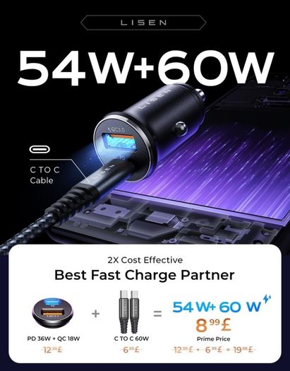 Car Charger Adapter USB C 54W 12V USB Socket [USBC 36W+USBA 18W] 60W USB C Cable PD3.0 Car Phone Charger Cigarette Lighter USB Charger for iPhone 16 Pro 16e Samsung S25 Ultra Car Accessories