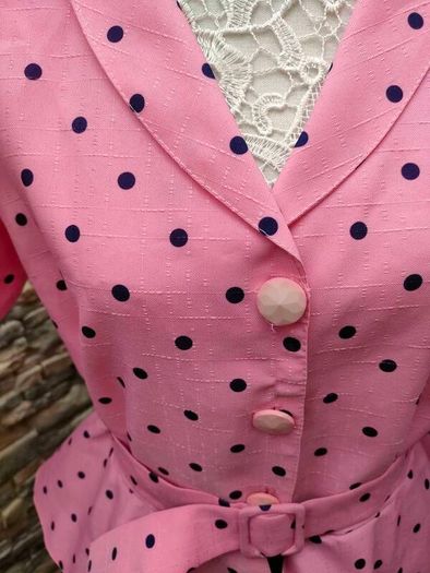 Vintage 1980s 50s style Pink Navy polkadot peplum dress Size M Postage included