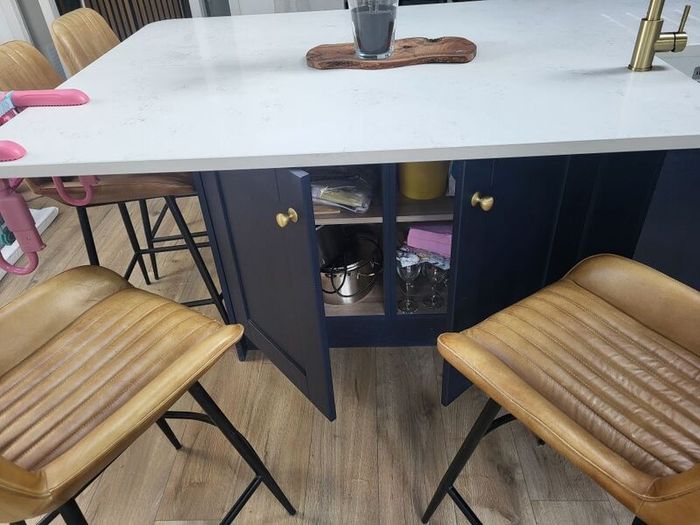 Kitchen units, island and quartz worktops.