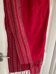 vintage red shawl featuring a woven jacquard pattern