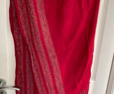 vintage red shawl featuring a woven jacquard pattern