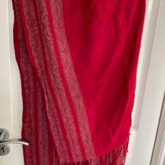 vintage red shawl featuring a woven jacquard pattern