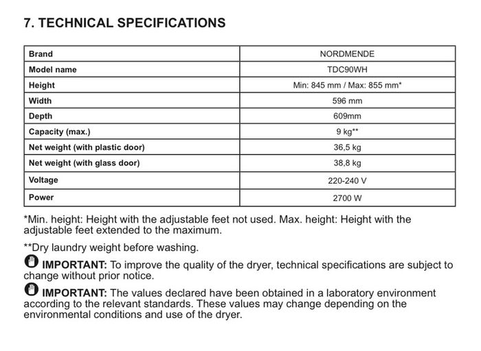 9kg Tumble Dryer NordMende TDC90WH