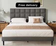 Double Bed Frame, Easy Assembly, Sturdy Wooden Slat Support, Upholstered Platform with Headboard