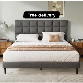 Double Bed Frame, Easy Assembly, Sturdy Wooden Slat Support, Upholstered Platform with Headboard