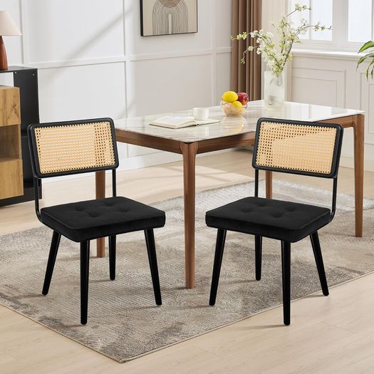 Dining Room Chairs, Set of 2, Upholstered Chairs with Faux Leather Seat, Breathable Rattan Backrest, Adjustable Feet and Sturdy Solid Wood Legs, Kitchen Chairs up to 150 kg, for Dining Room, Living