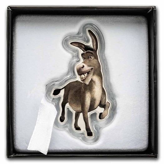 2021 Niue 1 oz Silver  Donkey Shaped Colorized Coin (Shrek). Proof.Mintage 1000