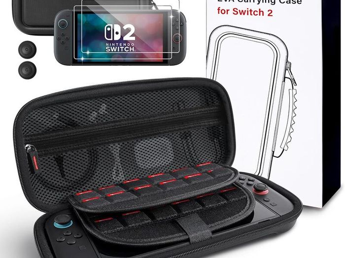 Large Capacity Carrying Case for Nintendo Switch 2 (2025) - 3 in 1 Accessories Bundle with 2 Screen Protectors, Thumb Grip Caps, 24 Game Cards/microSD | Gift Box Edition