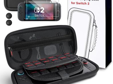 Large Capacity Carrying Case for Nintendo Switch 2 (2025) - 3 in 1 Accessories Bundle with 2 Screen Protectors, Thumb Grip Caps, 24 Game Cards/microSD | Gift Box Edition