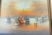 Framed Oil Painting on canvas of sailboats at sunset signed..