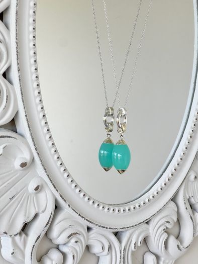 Newbridge Silverware Long Aqua Pendant Necklace + Original Box