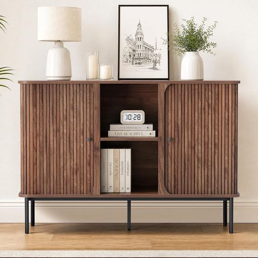 Sideboard Buffet Cabinet Storage with Sliding Door Cupboard, Walnut