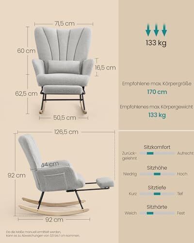 Rocking Chair Removable Cushion Side Pockets Wooden Legs Dove Grey