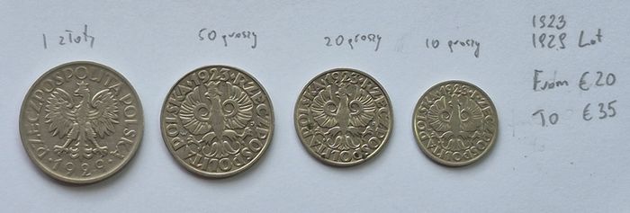 Poland coins 10 , 20 , 50 groszy and 1 zloty lot 1923 -1929