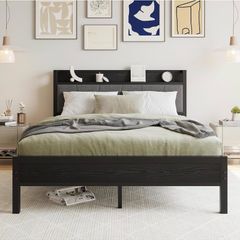 King Size Bed Frame with Storage Wooden Headboard