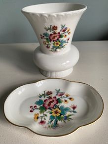 Coalport  Ming  Rose china vase and matching trinket dish.