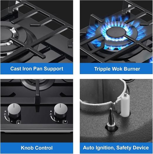 Gas Hob 2 burners, 30cm Built in 2 Burners Gas on Glass Hob, NG/LPG Gas Hob Convertible, Gas Cooktop with Flame