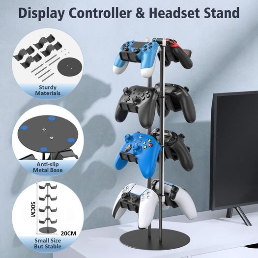 Controller Stand 4 Tiers with Headphone Holder for Desk, Universal Controller Holder Compatible with Xbox PS5 PS4 Nintendo Switch, Headset Hanger & Desk Mounts for 8 Packs Controller