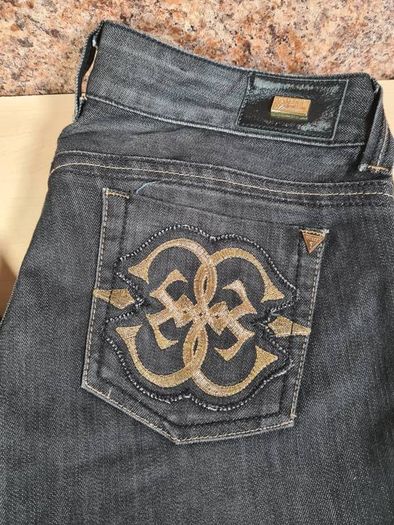 womens GUESS PREMIUM Bootcut black stretchy denim jeans gold embroidery  Size W 32 L 30 A1
