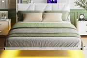Floating Double Bed Frame with LED Lights &amp; USB Charging Station Upholstered Headboard Storage