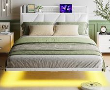 Floating Double Bed Frame with LED Lights & USB Charging Station Upholstered Headboard Storage