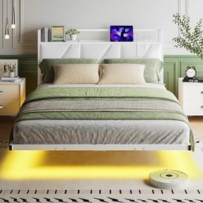 Floating Double Bed Frame with LED Lights & USB Charging Station Upholstered Headboard Storage