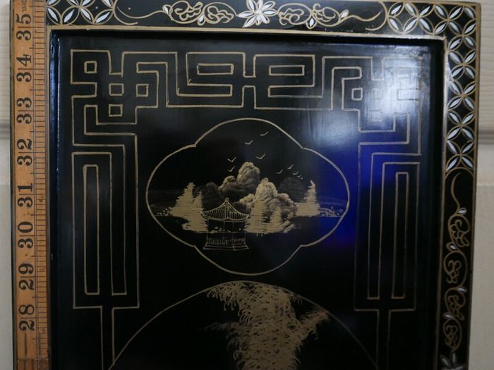 Vintage large Japanese Mother of Pearl Wall Panel / Black Lacquer Geisha Warrior & Floral ORIENTAL WALL ART