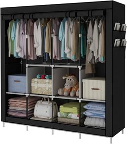 Portable Wardrobe Clothing Wardrobe Shelves Clothes Storage Organiser With 4 Hanging Rail,Black