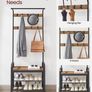 Coat Rack Stand, Free Standing Hall Tree, Coat Stand with Removable Hooks, Bench and Shoe Rack, Height 183 cm, Steel, Industrial, Rustic Walnut and Black HSR040B41 Image 2