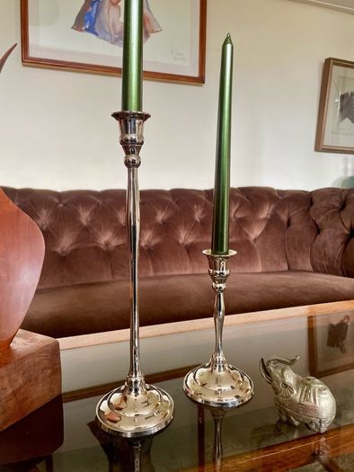 Pair of Slender 19th Century Style Silver Chrome Metal Candlesticks