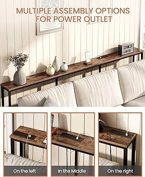 Narrow Console Table with Power Outlet, 18 cm Skinny Sofa Table, Long Behind Couch Table with Charging Station, for Entryway, Hallway, Living Room, Rustic Brown and Black