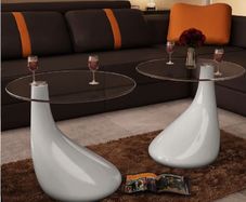 Coffee Table 2 pcs with Round Glass Top High Gloss White