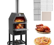 Outdoor Pizza Oven, 12" Wood Fire Oven, 2-Layer Pizza Oven Wood Fired, Wood Burning Outdoor Pizza Oven w/ 2 Removable Wheels, Wood Fired Pizza Maker Ovens (FREE SHIPPING)