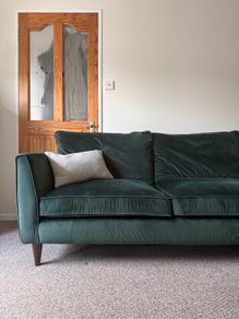 Large Green Velvet Corner Sofa. Excellent Condition