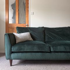 Large Green Velvet Corner Sofa. Excellent Condition