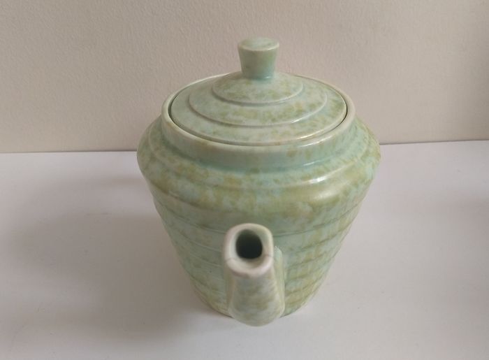 Stunning Art Deco 'Windsor Step' Shaped Teapot by Wade Heath, with a Stunning Rare Mottled Mint Green Glaze, Circa 1930+