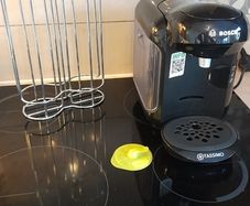 Bosch TASSIMO Coffee Machine (Black) + Chrome Pod Holder & Cleaning Disc