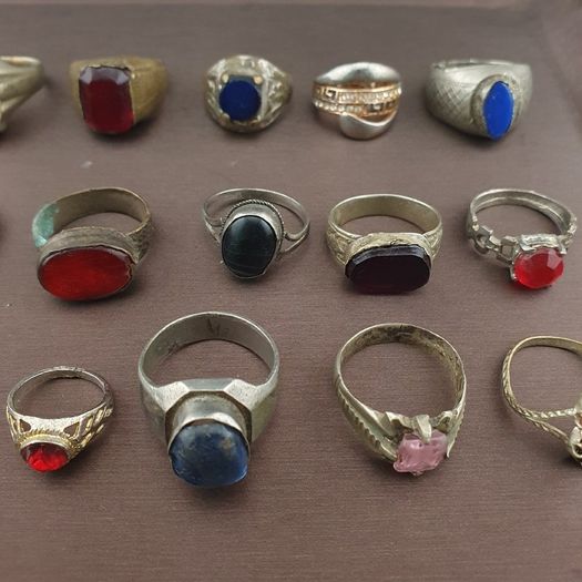 Antique Lot of 15 Handmade Brass Rings Mixed Gemstone & Glass Designs