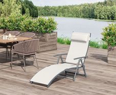 Outdoor Recliner Sun Lounger Chair, Steel Frame Folding Chaise Lounge Chair with Headrest, 7 Levels Adjustable Backrest and Breathable Mesh Fabric, Cream White