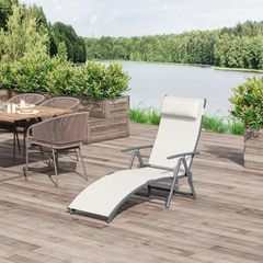 Outdoor Recliner Sun Lounger Chair, Steel Frame Folding Chaise Lounge Chair with Headrest, 7 Levels Adjustable Backrest and Breathable Mesh Fabric, Cream White
