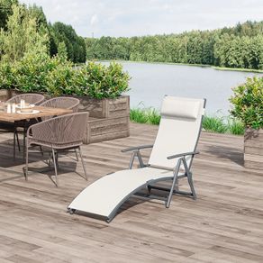 Outdoor Recliner Sun Lounger Chair, Steel Frame Folding Chaise Lounge Chair with Headrest, 7 Levels Adjustable Backrest and Breathable Mesh Fabric, Cream White