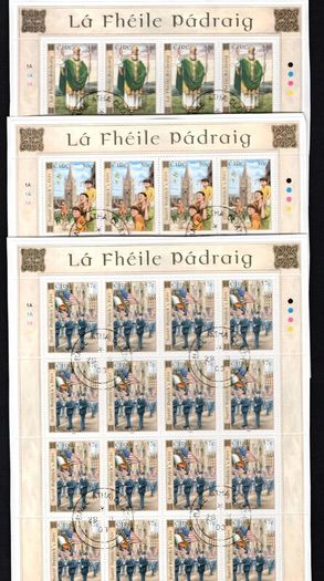 2003 Ireland St Patrick's Day (41c St. Patrick, 50c Cathedral & 57c Parade) Stamp Sheetlet Plate 1A1A1A1A Fine Used with Dublin cancel of 28th February 2003 (First day of issued) on envelope extract.
