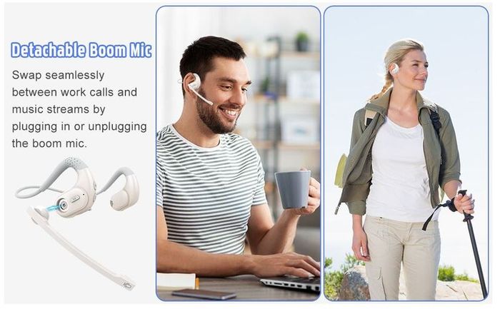 Giveet Bluetooth 5.3 Headset with Detachable Microphone, Wireless Headset w/DSP Noise Cancelling Mic for Phone PC Laptop, Open Ear Comfort Headphones for Office Home Working Driving Running, 12 Hrs