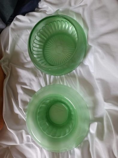 Vintage 1930s Art Deco Davidson Frosted Green Satin Glass Centerpiece Float Bowl & Pedestal Stand Set