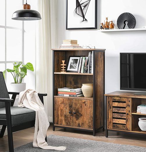 Bookcase, Book Cabinet, Office Shelf, Kitchen Cabinet with 2 Open Compartments, 1 Shelf with Cupboard Doors, Multifunctional, Industrial Design, Vintage brown